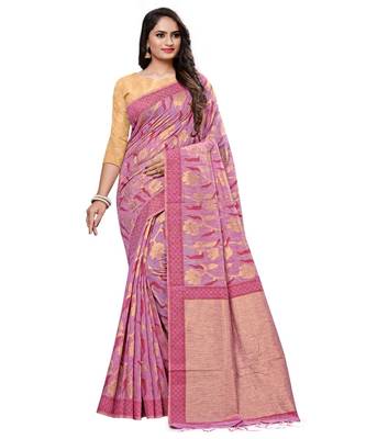 Pink printed cotton saree with blouse 1