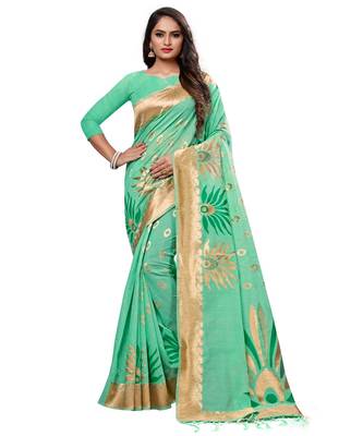 Green printed cotton saree with blouse 1