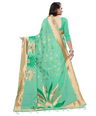 Green printed cotton saree with blouse 2