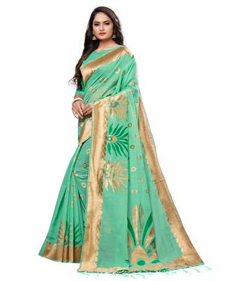 Green printed cotton saree with blouse 3