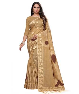 Beige printed cotton saree with blouse 1