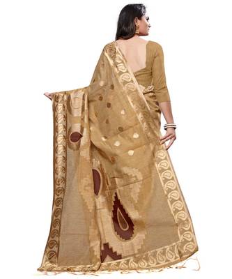 Beige printed cotton saree with blouse 2