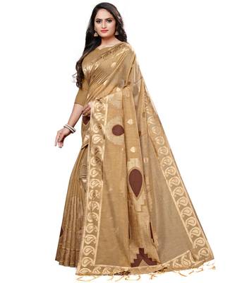 Beige printed cotton saree with blouse 3