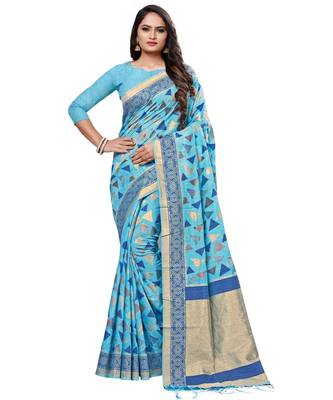 turquoise printed cotton saree with blouse 1