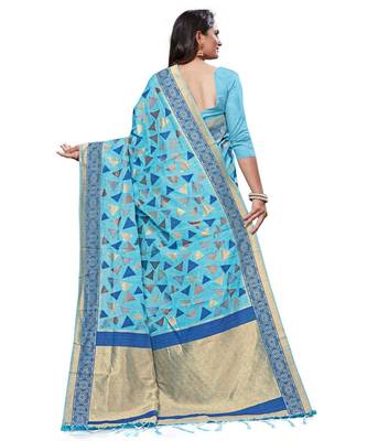 turquoise printed cotton saree with blouse 2