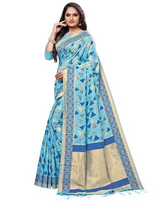 turquoise printed cotton saree with blouse 3