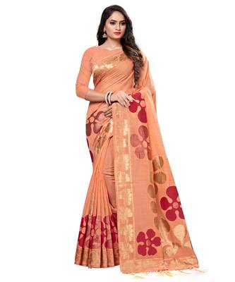 Peach printed cotton saree with blouse 1
