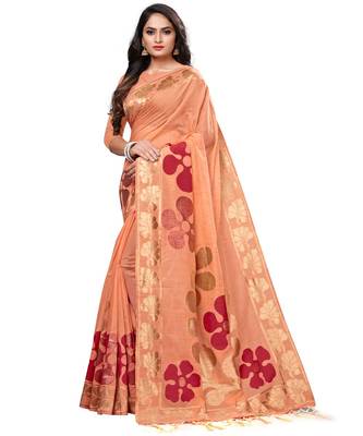 Peach printed cotton saree with blouse 3