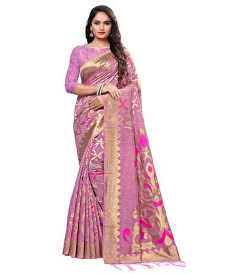 Pink printed cotton saree with blouse 1