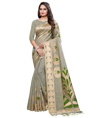 Grey printed cotton saree with blouse 1