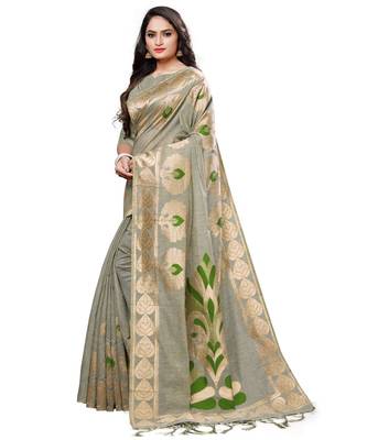 Grey printed cotton saree with blouse 3