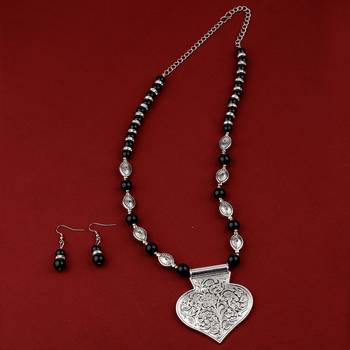 Adjustable Silver Plated With Black Pearl Pendant Mala Set For Women Girl 1