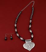 Adjustable Silver Plated With Black Pearl Pendant Mala Set For Women Girl
