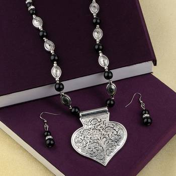 Adjustable Silver Plated With Black Pearl Pendant Mala Set For Women Girl 3