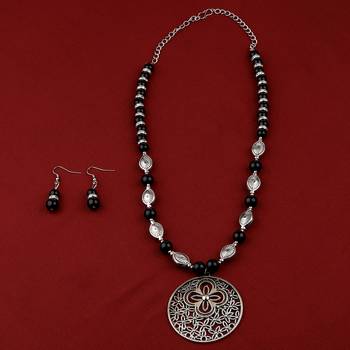Adjustable Silver Plated With Black Pearl Designer Pendant Mala Set For Women Girl 1