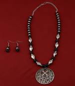 Adjustable Silver Plated With Black Pearl Designer Pendant Mala Set For Women Girl