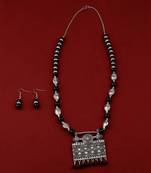 Adjustable Silver Oxidised Square Pendant Black Pearl Set For Women Girl
