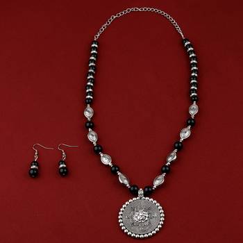 Adjustable Silver Plated With Black Pearl Ganeshji  Pendant Mala Set For Women Girl 1