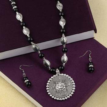 Adjustable Silver Plated With Black Pearl Ganeshji  Pendant Mala Set For Women Girl 3