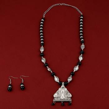 Adjustable Silver Plated With Black Pearl  Pendant Mala Set For Women Girl 1