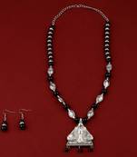 Adjustable Silver Plated With Black Pearl  Pendant Mala Set For Women Girl