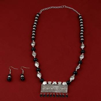 Adjustable Silver Plated With Black Pearl  Pendant Mala Set For Women Girl 1