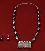 Adjustable Silver Plated With Black Pearl  Pendant Mala Set For Women Girl
