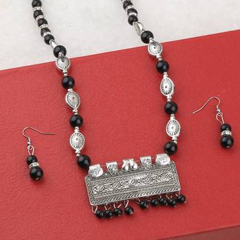 Adjustable Silver Plated With Black Pearl  Pendant Mala Set For Women Girl 2