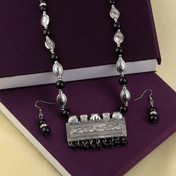 Adjustable Silver Plated With Black Pearl  Pendant Mala Set For Women Girl 3