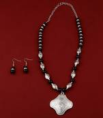 Adjustable Party Wear Silver Plated With Black Pearl  Pendant Mala Set For Women Girl