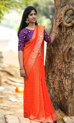 orange woven banarasi saree with blouse 1
