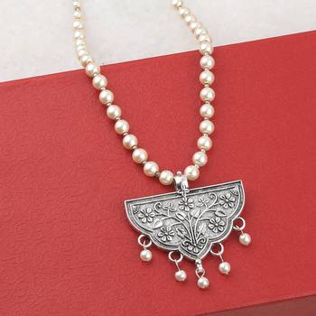 Stylish Fancy Silver Plated With Pearl  Pendant Mala Set For Women Girl 2