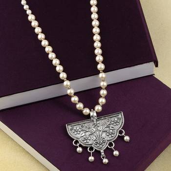 Stylish Fancy Silver Plated With Pearl  Pendant Mala Set For Women Girl 3