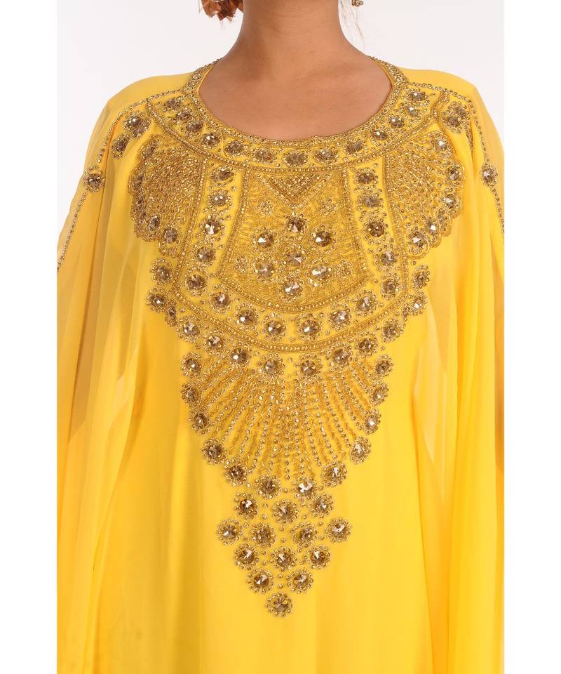 Yellow Georgette Zari Work Kaftan