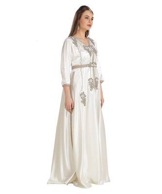 Cream  Satin Embroidered Zari Work Islamic Kaftan 1
