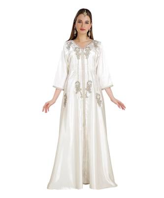 Cream  Satin Embroidered Zari Work Islamic Kaftan 2