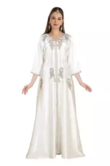 Cream  Satin Embroidered Zari Work Islamic Kaftan