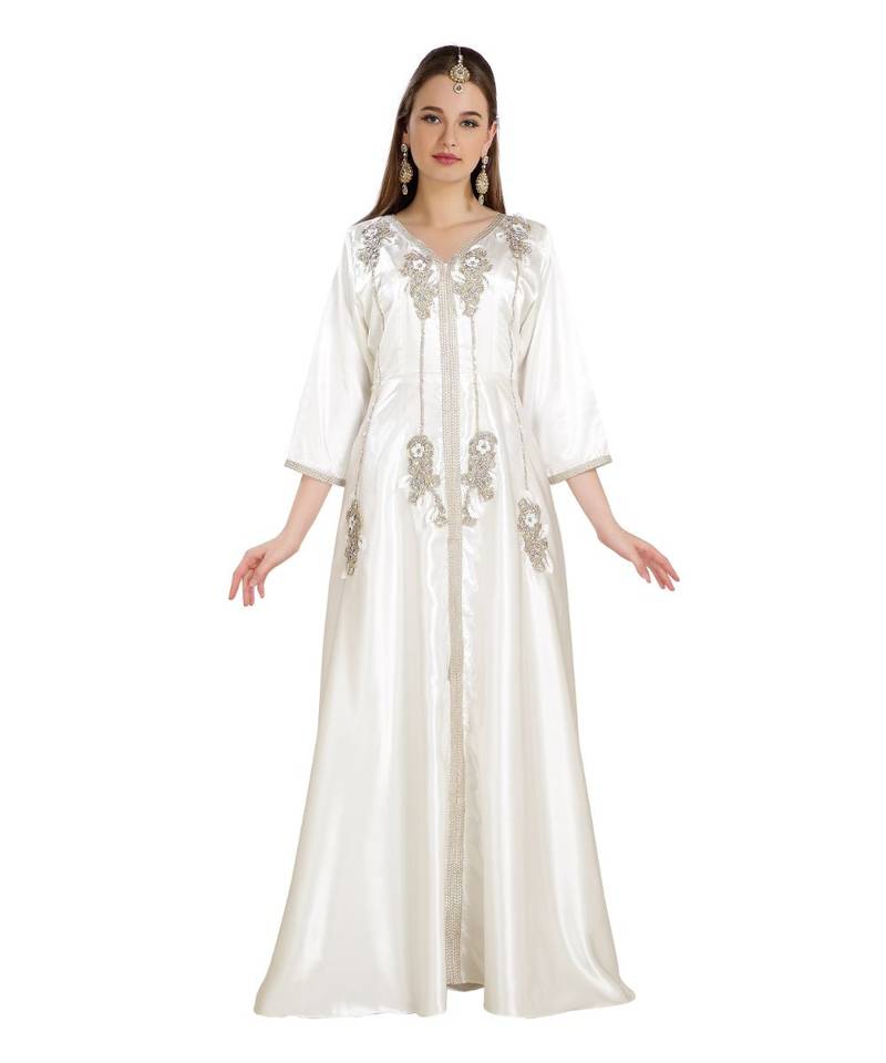 Cream  Satin Embroidered Zari Work Islamic Kaftan
