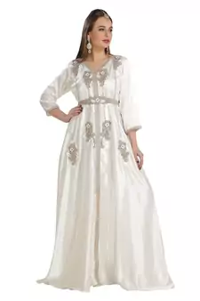 Cream  Satin Embroidered Zari Work Islamic Kaftan
