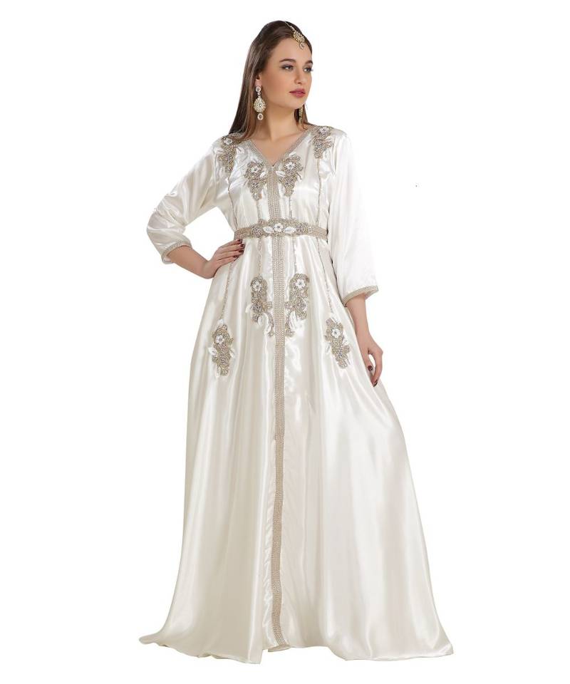 Cream  Satin Embroidered Zari Work Islamic Kaftan