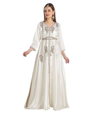 Cream  Satin Embroidered Zari Work Islamic Kaftan 4