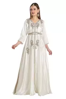 Cream  Satin Embroidered Zari Work Islamic Kaftan