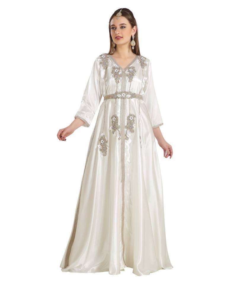 Cream  Satin Embroidered Zari Work Islamic Kaftan
