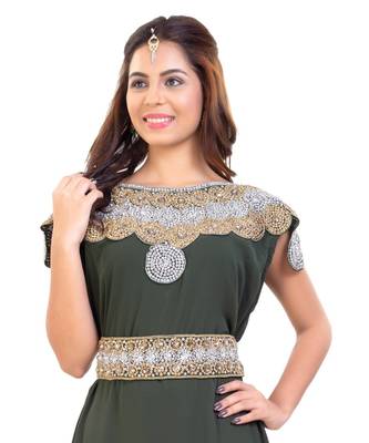 Olive Georgette Embroidered Zari Work Islamic Kaftan 1
