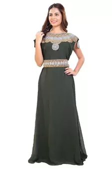 Olive Georgette Embroidered Zari Work Islamic Kaftan