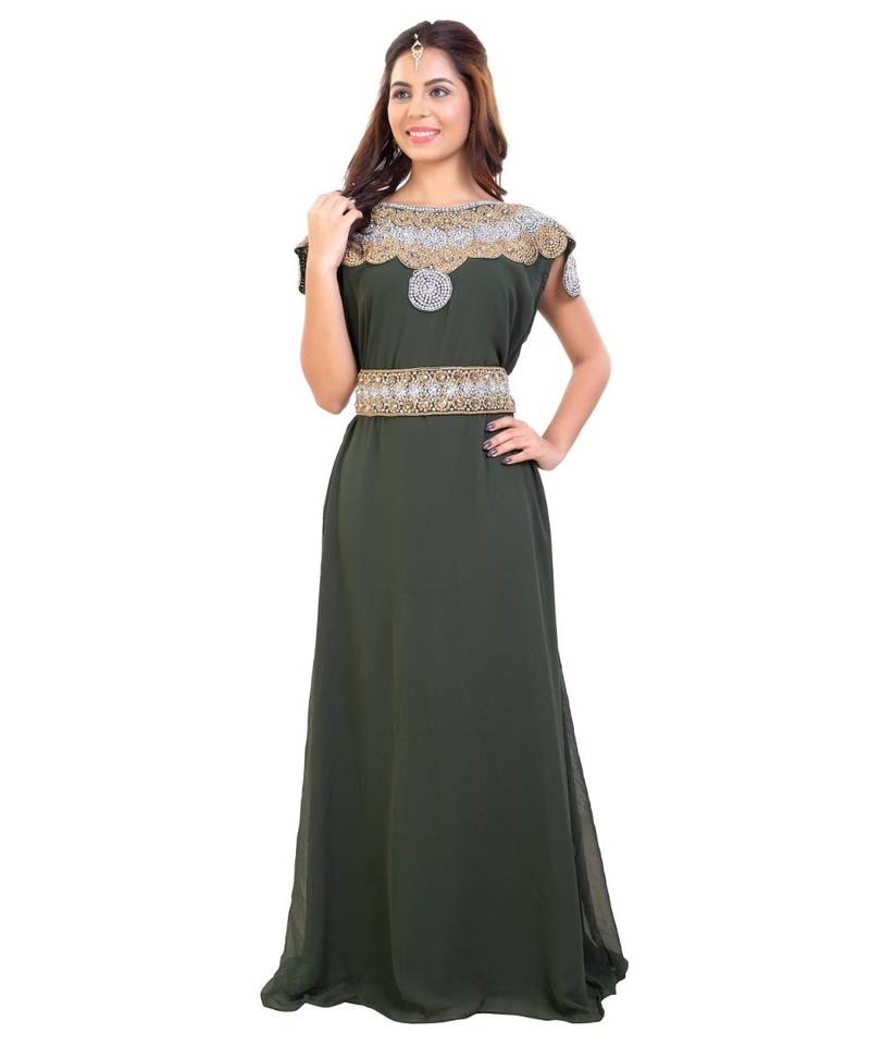 Olive Georgette Embroidered Zari Work Islamic Kaftan
