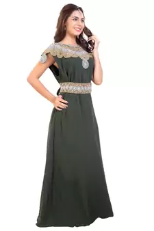 Olive Georgette Embroidered Zari Work Islamic Kaftan
