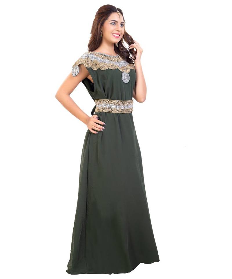 Olive Georgette Embroidered Zari Work Islamic Kaftan