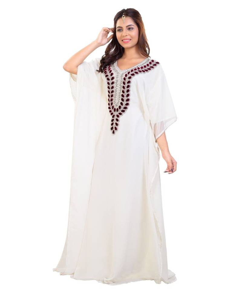 Cream  Georgette Embroidered Zari Work Islamic Kaftan