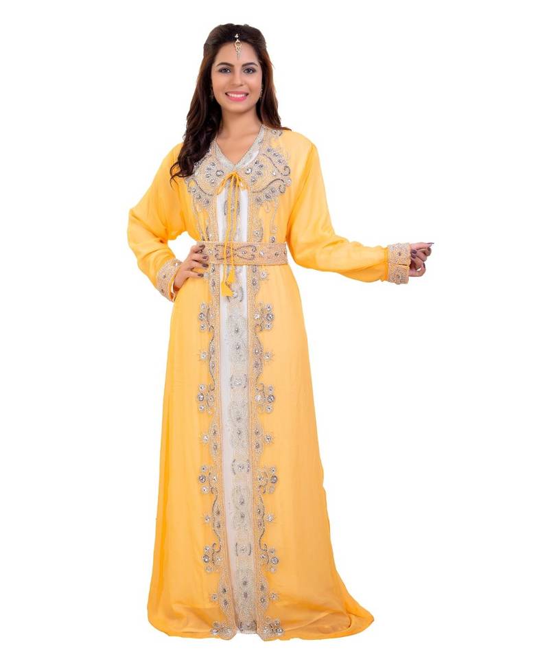 Yellow Georgette Embroidered Zari Work Islamic Kaftan